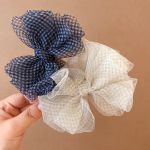 Fermagli per capelli con fiocco in organza a quadretti stile coreano blu e crema