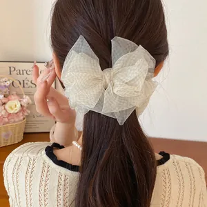 Elegante molletta per capelli con fiocco in organza color crema su una coda di cavallo