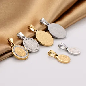 Vintage 304 Stainless Steel Oval Guadalupe Virgin Mary Pendant For Women Gold Silver Rhinestone Religious Jewelry Pendant
