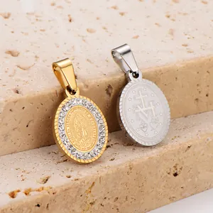 Close-up of 304 stainless steel double-sided oval pendant with Virgin Mary engraving