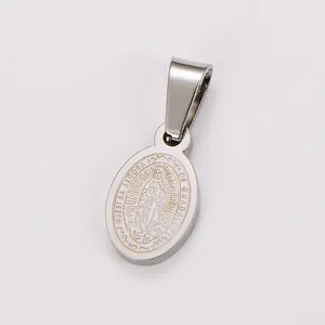 Detail view of an oval stainless steel pendant with Virgin of Guadalupe engraving