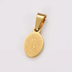 Detailed macro view of gold-toned stainless steel oval pendant with Our Lady of Guadalupe