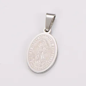 Close-up of stainless steel oval Our Lady of Guadalupe religious pendant
