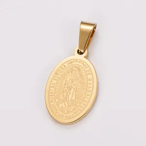 Close-up of gold stainless steel oval pendant with Our Lady of Guadalupe engraving