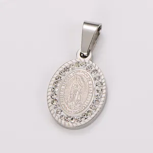 Detailed view of stainless steel oval pendant with Virgin Mary and rhinestones
