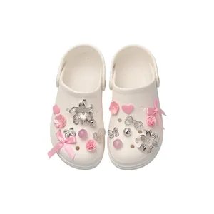 Chic resin flower and pink bow charms for clog shoes decoration accessories set