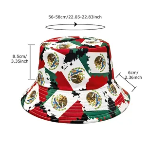Dimension details for Mexican flag print bucket hat including head size and brim width.