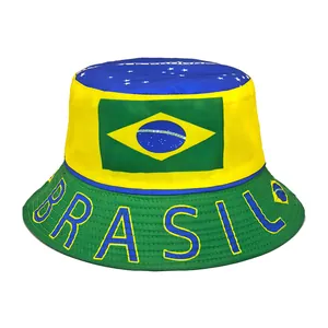 Detailed view of Brazil flag bucket hat with vibrant green and yellow embroidery.