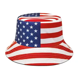 Detailed view of bucket hat featuring classic American flag stars and stripes print