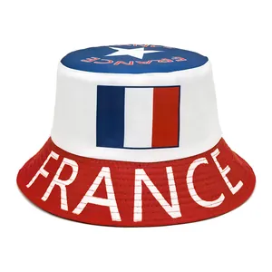 Detailed view of French flag bucket hat featuring tricolor design and France lettering