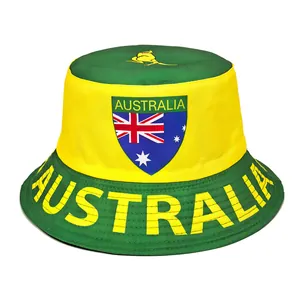 Close-up of green and yellow Australia fan bucket hat featuring flag and kangaroo print