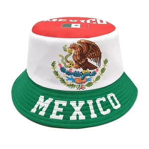 High-quality detail of a Mexico flag bucket hat featuring the national coat of arms and text