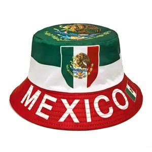 Detailed view of the Mexico flag print on a red, white, and green bucket hat