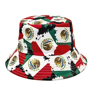 Detailed view of Mexico flag pattern printed bucket hat for football fans and outdoor sun protection