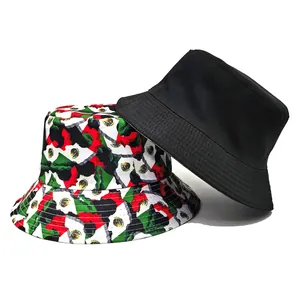 Detailed view of Mexican flag pattern and solid black bucket hats for outdoor sports fans
