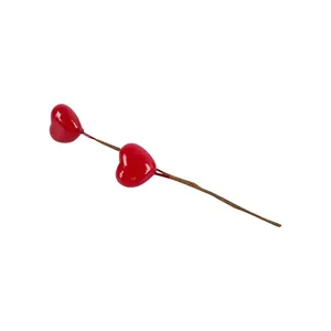 Bright red glossy double heart decorative floral pick for Christmas DIY holiday arrangements