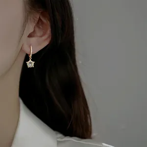Nahaufnahme eines eleganten Gold-Stern-Ohrrings mit funkelndem Zirkonia am Ohr.