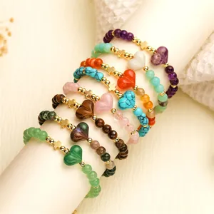 Bracciale Minimalista con Pietra Naturale a Cuore in Rame Placcato Oro con Ciondolo a Croce Bracciale di Perline Gioielli da Donna