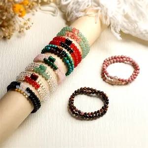 Bracciale di Perline in Pietra Naturale a Doppio Strato Minimalista Con Perla a Forma di Bambù Agata Rossa Quarzo Rosa Occhio di Tigre Fascia da Polso Elastica per Gioielli da Donna