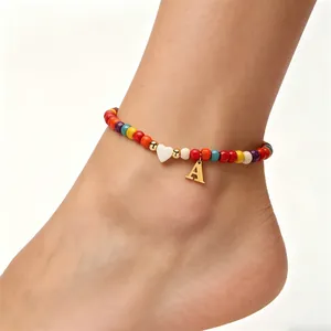 Bracelet de Cheville Boho en Perles de Turquoise Multicolores en Acier Inoxydable pour Femme Avec Pendentif Lettre Initiale A-Z Cœur Bijoux de Pied