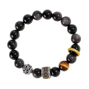 Silver Obsidian Bracelet with Mantra Cylinder Tiger Eye Stone Vintage Ethnic Beaded Lucky Bracelet for Men Women Jewelry