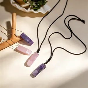 Handmade Natural Amethyst Rose Quartz Pendant Necklace Copper Wire Wrapped Rectangle Mushroom Crystal Stone Jewelry Women