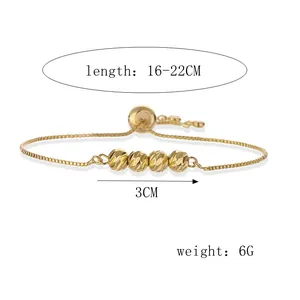 Detail of gold-plated threaded bead bracelet showing 16-22cm adjustable length