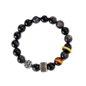 10mm silver obsidian and tiger eye bead bracelet with a silver mantra cylinder charm bead
