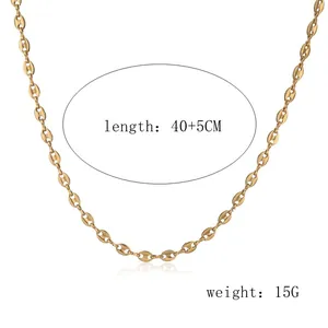 Close-up of gold stainless steel coffee bean links showing length and weight details.