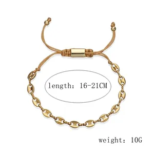 Gold stainless steel coffee bean link bracelet with adjustable 16-21cm cord closure.