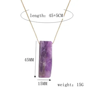 Detailed view of rectangular natural amethyst pendant necklace with size dimensions