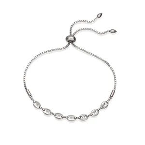 Detailed view of the stainless steel coffee bean link bracelet with adjustable slider clasp