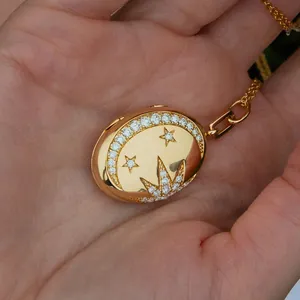 Collar de Relicario de Cobre Vintage Con Sol Luna Estrellas Diamante de Imitación Incrustado Oro Chapado Oval Redondo Foto Marco Colgante Mujer Joyería