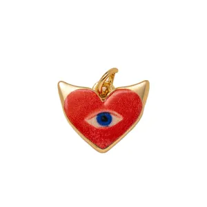 Red heart evil eye shoe charm with golden horns and attachment loop for accessories