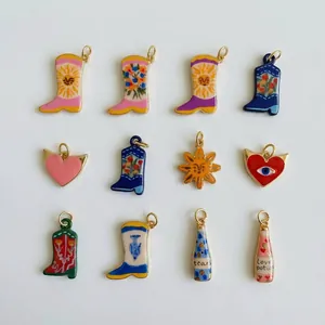 A close-up view of colorful enamel charms in various shapes including boots and hearts