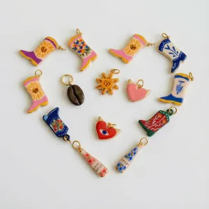 Colorful enamel shoe charms featuring boots, sun and hearts in creative heart layout.