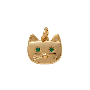 Cute gold cat head charm with sparkling green gemstone eyes and heart nose DIY jewelry
