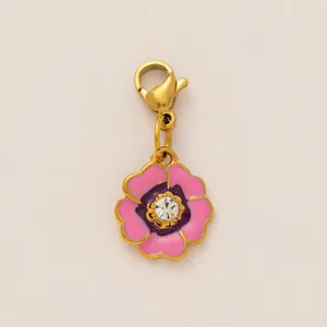 Pendentif fleur en émail rose avec fermoir mousqueton et cristal pour bijoux DIY créa