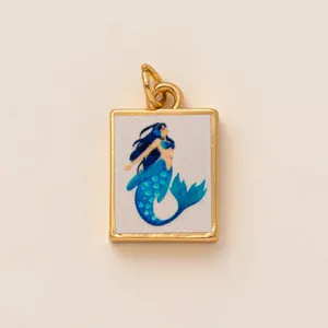 Colgante cuadrado de sirena en cobre con esmalte azul-verde para bisutería DIY