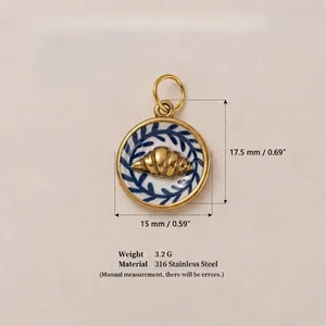 Pendentif croissant en acier inoxydable 316 doré avec motif de feuilles bleues