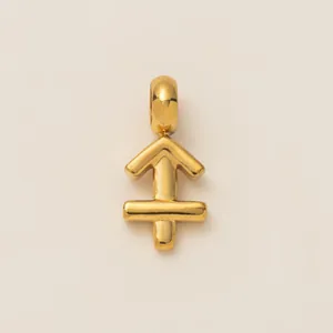 Detailed macro view of an 18K gold-plated stainless steel Sagittarius zodiac pendant.