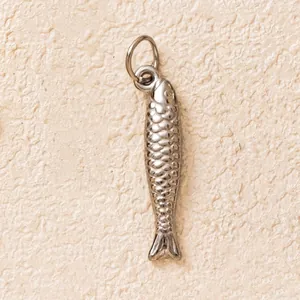 Vista ravvicinata di un ciondolo a forma di pesce in acciaio inossidabile argento lucido.