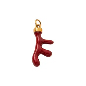 Glossy red enamel coral-style letter F pendant charm with gold bail for DIY jewelry making
