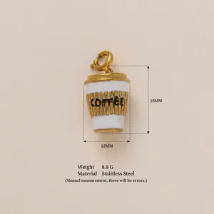 Dimension details of an 18K gold-plated stainless steel coffee cup charm pendant