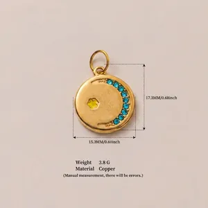 Detailed view of moon and star pendant with dimensions, weight, and copper material specs