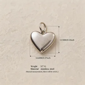 Close-up of stainless steel heart pendant with precise dimension and weight details