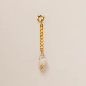 Dettaglio ravvicinato di un accessorio a catena dorata con pendente a conchiglia naturale.