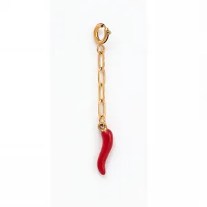 Détail d'un pendentif piment rouge avec une chaîne dorée et un fermoir à ressort