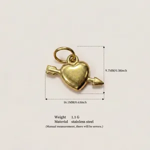Golden stainless steel heart with arrow pendant showing dimensions of 16.1mm x 9.7mm.