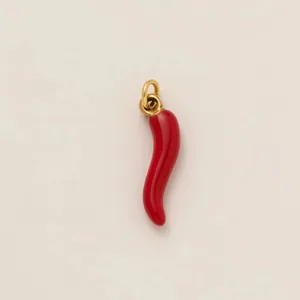 Vista macro di un ciondolo peperoncino rosso in smalto con anello dorato lucido